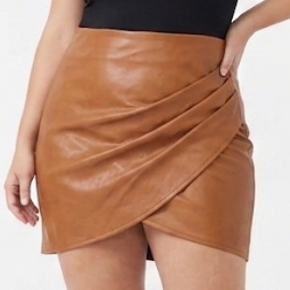 SHEIN Dresses & Skirts - Cognac Faux Leather Mini Skirt Ruched Tulip Hem High Waisted Brown Vegan Leather